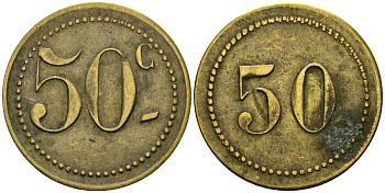 Франция 50 сантимов XIX-XX век ресторанный жетон латунь 4166-1252