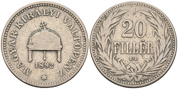 Венгрия 20 филлеров 1892 КВ, Франц Иосиф I (1848-1916), редкий год KM 483 никель 4584-116
