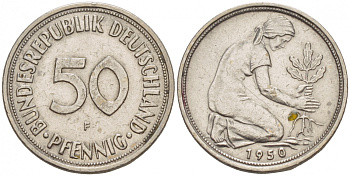 ФРГ 50 ПФЕННИГОВ 1950 F KM 109.1, J. 384 медно-никель 4532-343