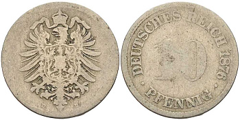 ГЕРМАНИЯ 10 ПФЕННИГОВ 1876 D, СТАРОГЕРБОВКА KM 4, J. 4 медно-никель 4401-316
