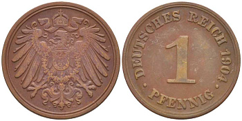 ГЕРМАНИЯ 1 ПФЕННИГ 1904 D KM 10, J. 10, Weege 2 медь 211-316