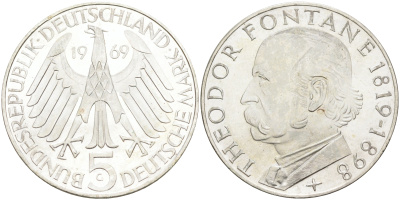 ФРГ 5 марок 1969 G, 150 лет со дня рождения Теодора Фонтана J. 399, KM 125.1 серебро 4117-234