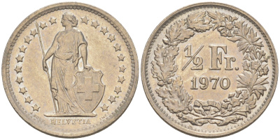 Швейцария 1/2 франка 1970 KM 23а.1 медно-никель 188-1046