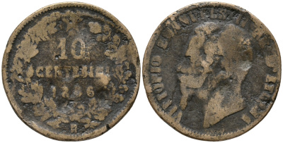 ИТАЛИЯ 10 ЧЕНТЕЗИМО 1866 Н, ВИКТОР ЭММАНУИЛ II (1861-1878) KM 11.3 медь 32-935