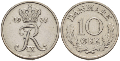 Дания 10 эре 1967 C; S, Фредерик IX (1947-1972) KM 849.1 медно-никель 66-414