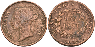 Стрейтс-Сетлментс 1 цент 1845 Виктория (1837-1901), Ост-Индская компания KM 3 медь 4590-126