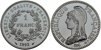 Франция 1 франк 1992 200 лет Французской республике KM 1005 серебро UNC 00-00-00