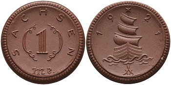 Саксония 1 марка 1921 парусник J. N 55 фарфор 1094-3-72