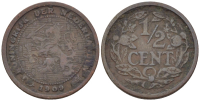НИДЕРЛАНДЫ 1/2 ЦЕНТА 1909 ВИЛЬГЕЛЬМИНА (1890-1948) KM 138 бронза 39-154