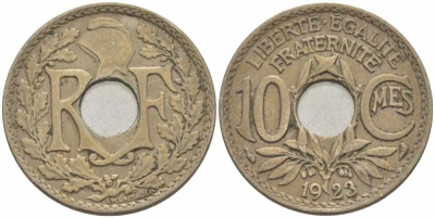 ФРАНЦИЯ 10 САНТИМОВ 1923 ТИП ЛИНДАЙЁ KM 866а, LE FRANC 138.8 медно-никель 108-143