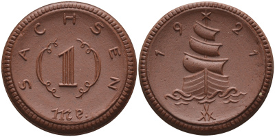 Саксония 1 марка 1921 парусник J. N 55 фарфор 1094-3-72