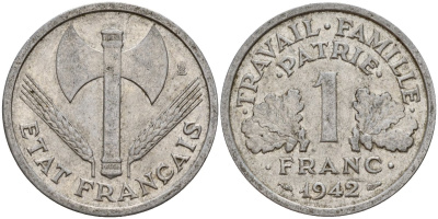 Франция 1 франк 1942 LB, тип LOURDE, правительство Виши KM 902.1, Le Franc 222.2 алюминий 4187-955