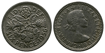 Великобритания 6 пенсов 1956 Елизавета II (1952-2022) KM 903, Spink 4149 медно-никель 4381-651