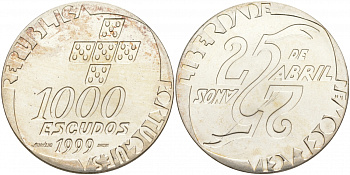 Португалия 1000 эскудо 1999 25 лет Апрельской революции KM 715 серебро UNC 1081-8-64