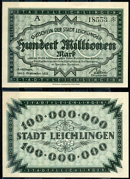 Германия, Лайхлинген 100000000 марок 1923 нотгельд Tieste 0705/15 бумага UNC (пресс) 444-112-2-1