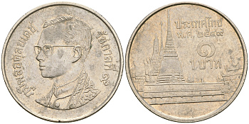 Таиланд 1 бат 2004 ВЕ 2547, Рама IX (1946-2016), королевский дворец KM 183 медно-никель 4364-3257