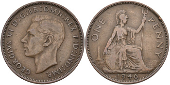 Великобритания 1 пенни 1946 Георг VI (1936-1952) KM 845, Spink 4114 бронза 4574-141