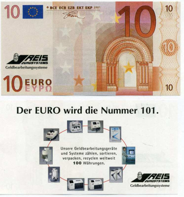 ГЕРМАНИЯ 10 ЕВРО 2001 ПРОБНЫЕ ЕВРОБАНКНОТЫ, ФИРМА REIS EUROSYSTEMS бумага UNC (ПРЕСС) 8613-1-2-1