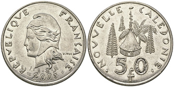 Французская Новая Каледония 50 франков 2005 хижина среди сосен и пальм, (IEOM) KM 13, Schoen 15, Lec 121 никель 111-1215