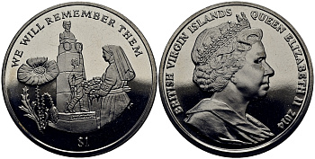 Британские Виргинские острова 1 доллар 2014 в память героев первой мировой войны, памятник KM NEW медно-никель UNC 4386-633