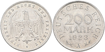 Германия 200 марок 1923 A KM 35, J. 304, Weege 22 алюминий UNC 4586-235