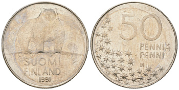 Финляндия 50 пенни 1991 M, полярный медведь KM 66 медно-никель 96-717