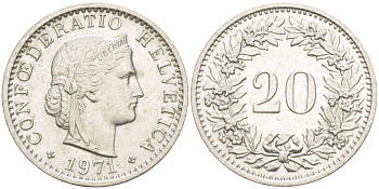 ШВЕЙЦАРИЯ 20 РАППЕНОВ 1971 KM 29а медно-никель 4544-323