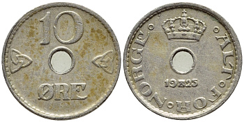 НОРВЕГИЯ 10 ЭРЕ 1925 KM 383 медно-никель 4396-358