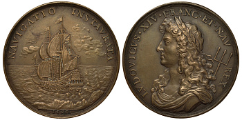 Франция медаль 1668 Людовик XIV, парусник, навигация, чекан XIX века, 56 гр, 50 мм бронза 1082-5-13