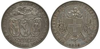 Швецария, кантон Граубюнден (Гризон) 4 франка 1842 стрелковый фестиваль KM 17, Dav. 372 серебро 00-000-00