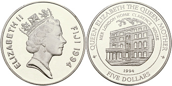 Фиджи 5 долларов 1994 Кларенс-хаус, дом королевы матери KM 69 серебро PROOF 1066-3-24