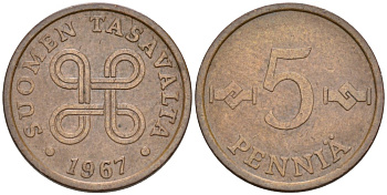 ФИНЛЯНДИЯ 5 ПЕННИ 1967 KM 45 медь 4549-422