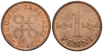 Финляндия 1 пенни 1967 KM 44 медь 4602-261