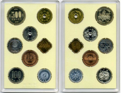 Япония набор из 6 монет +  два жетона 2003 официальный набор в пластиковой упаковке, жетон дети серебро PROOF, жетон год овцы BUNC 2-4-1-17