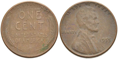 США 1 ЦЕНТ 1955 ЛИНКОЛЬН KM А132 медь цинк 3309-1145
