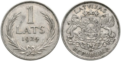 Латвия 1 лат 1924 Первая республика (1918-1939) KM 7 серебро 27-1226
