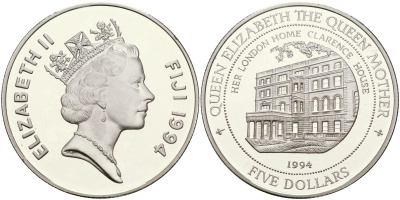 Фиджи 5 долларов 1994 Кларенс-хаус, дом королевы матери KM 69 серебро PROOF 1066-3-24