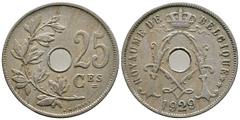 БЕЛЬГИЯ 25 САНТИМОВ 1929 BELGIQUE KM 68.1 медно-никель 4379-1356