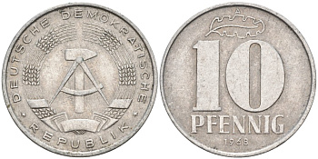 ГДР 10 пфеннигов 1968 А KM 10 алюминий 4571-711
