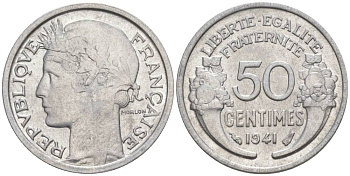 ФРАНЦИЯ 50 САНТИМОВ 1941 ТИП MORLON LOURDE KM 894.1a, LE FRANC 193.2 алюминий 44-259