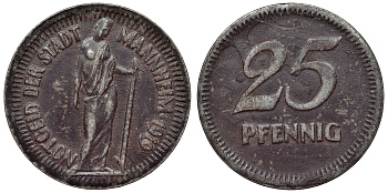 Германия, Мангейм 25 пфеннигов 1919 Баден-Вюртемберг, нотгельд Funck 315.3 железо 4121-326