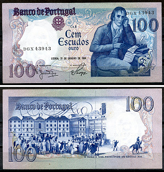 Португалия 100 эскудо 1984 Мануэл Мария Барбоза ду Бокаже, площадь Росиу в Лиссабоне Pick 178 c (4)  бумага  UNC (пресс) 8621-39-1-2