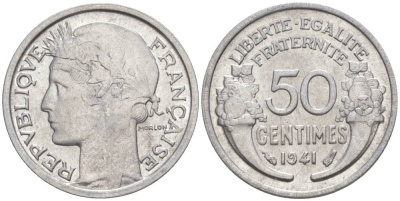 ФРАНЦИЯ 50 САНТИМОВ 1941 ТИП MORLON LOURDE KM 894.1a, LE FRANC 193.2 алюминий 44-259