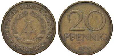 ГДР 20 пфеннигов 1969 А, первый год KM 11 латунь 62-1223