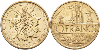 Франция 10 франков 1975 тип Матье KM 940, Le Franc 365.5-6 никель латунь 38-344