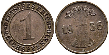 ГЕРМАНИЯ 1 РЕЙХСПФЕННИГ 1936 A KM 37 бронза 4387-1125