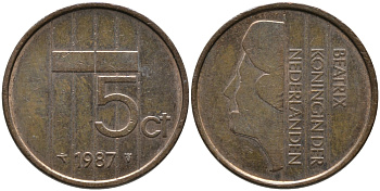 НИДЕРЛАНДЫ 5 ЦЕНТОВ 1987 БЕАТРИКС KM 202 бронза 65-1246