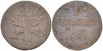 Франкфурт 1 геллер 1821 GB AKS 30, Jaeger 10, KM 301 медь 73-628
