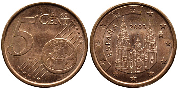 ИСПАНИЯ 5 ЕВРОЦЕНТОВ 2003 KM 1042 сталь плакированная медью 4391-145