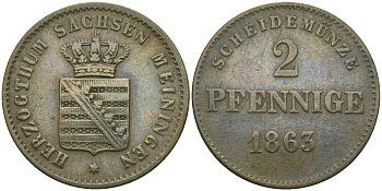 Саксен-Мейнинген 2 пфеннига 1863 Бернгард II (1803-1866) KM 171 медь 99-641